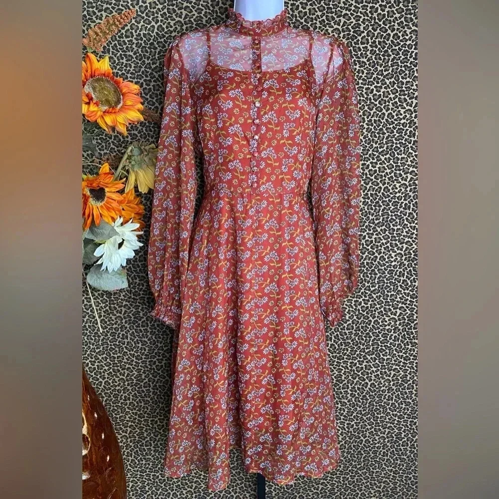 🦋B2G1🦋UNIQUE VINTAGE Rust Brown Leona Swing Dress NWOT | MEDIUM | - Picture 3 of 11